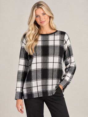TAHARI Plaid Windowpane Boat Neck Sweater Gray Multi Large #A5250